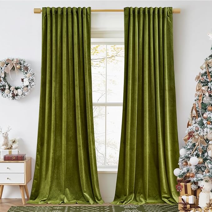 StangH Olive Green Velvet Curtains for Living Room 96 inches Long Luxury Room Darkening Privacy Sliding Door Panels Back Tab for Dining Room/Office, W52 x L96, 2 Panels