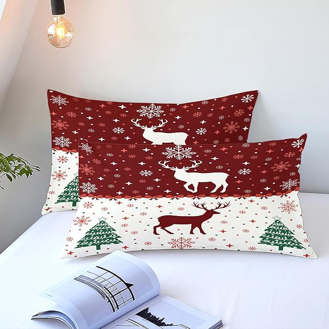 Christmas Duvet Cover Full Size Red Bow Deer Bedding Set 3 Pcs Kids Boys Girls Xmas Christmas Tree Comforter Cover with Zipper Closure (No Comforter)