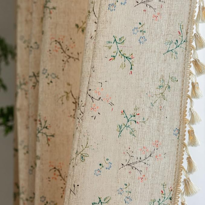 ENJOYBRIDAL Floral Farmhouse Curtains Semi-Blackout Living Room Drapes 96 Inch Length Cotton Linen Blend Bohemian Window Curtain Panels with Tassel Beige Rod Pocket Bedroom Drapes, 1 Panel