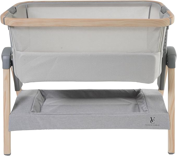 Venice Child California Dreaming Bedside Crib Bassinet w/Travel Case, Bamboo Bassinet Sheet, Removable Bamboo Compressed Cotton Mattress, Height Adjustable, Easy Clean - Grey
