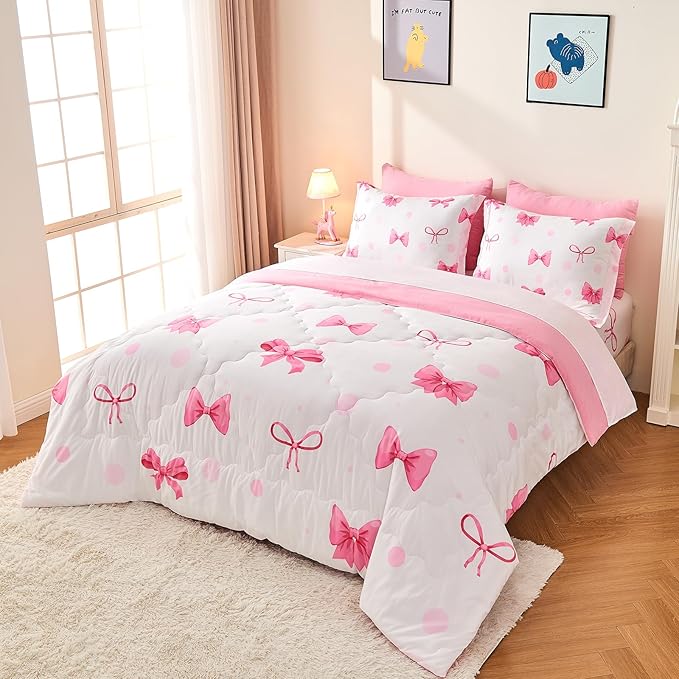 Wajade 7 Piece Pink Bow Bedding Set for Girls Kids Full Size Comforter Set with Sheet and 2 Pillowcases 2 Pillow Shams Cute Girls Bed in a Bag as Birthday Choice