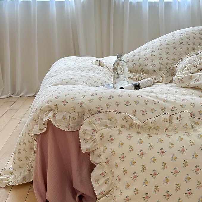 BuLuTu Muslin Duvet Cover King, Vintage Azalea Floral Comforter Cover with Ruffles, Princess Bedding Soft Breathable Gauze Cotton Quilt Covers,90"x104", Zipper Closure, No Pillow