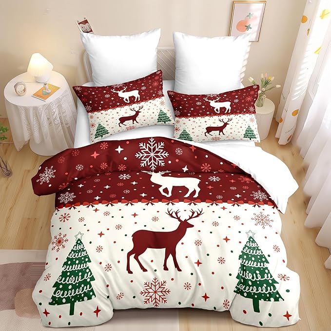 Christmas Duvet Cover King Size Red Bow Deer Bedding Set Kids Boys Girls Xmas Christmas Tree Comforter Cover 3 Pieces with Zipper Closure (No Comforter)