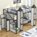 Twin Over Twin Castle-Shaped Bunk Bed with Wardrobe and Multiple Storage, Metal Bunk Bed with Storage Staircase and Safety Guardrail for Kids Teens Boys Girls Bedroom (White+Black 04)