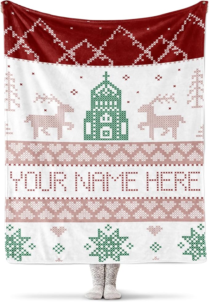 Personalized Christmas Stitch Style Blanket - Ships Next Day from USA - Fleece or Sherpa, Soft Sofa Throw, Customizable Family Throws, Holiday Home Decor, Cozy Christmas Bedding (Sherpa 60x80)