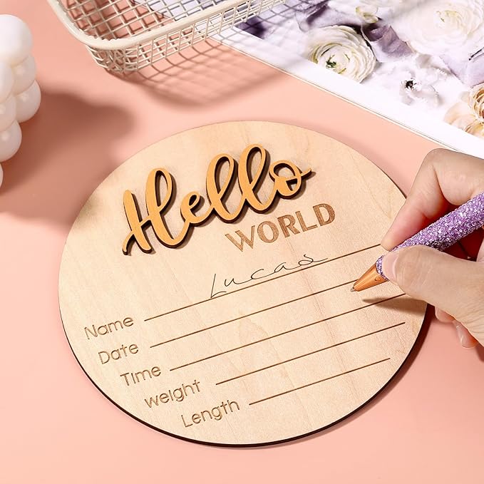 Newborn Announcement Sign, 5.9in Wooden Hello World Baby Welcome Sign Birth Plaques for Newborn Girls Boys Photo Props Baby Shower Hospital Nursery (Gold)