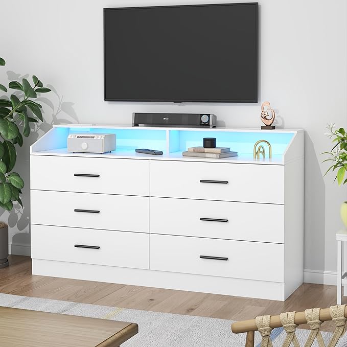 6 Drawer Dresser with Power Outlet, Chest of Drawers with LED Light, Modern Dresser with Open Storage Cubby, Double Wide Dressers Organizer for Bedroom, Living Room, Entryway, Hallway