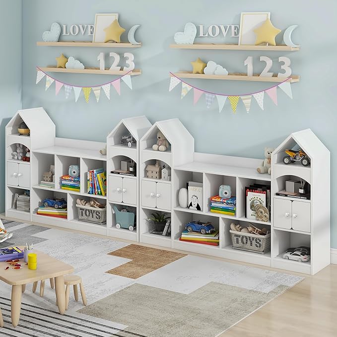 Vabches Kids Bookcase and Toy Storage Cabinet, Children Bookshelf, Castle Shape, Playroom Furniture Multipurpose Shelf for Toddlers to Organize Toys and Books Magic Castle, Cool White