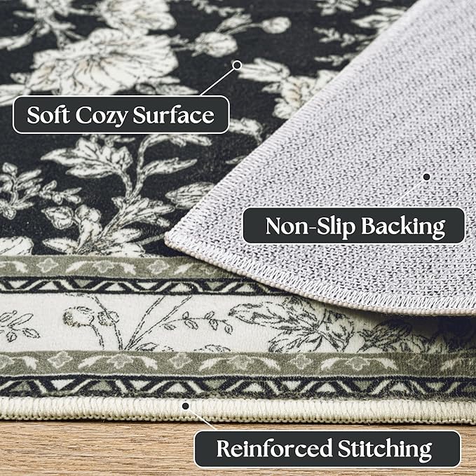 Black Floral Rug 5x7 Machine Washable Area Rug for Living Room Vintage Boho Farmhouse Low Pile Distressed Carpet for Dining Room, Bedroom Indoor Non-Slip Black Beige Taupe Flower Design Home Decor
