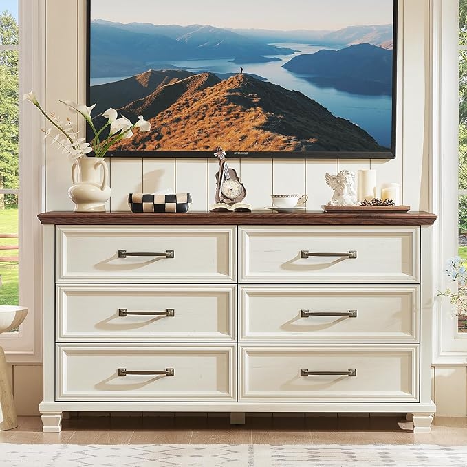Farmhouse Bedroom Dresser and Nightstand Set of 4, 6 Drawer Low & 5 Drawers Dresser & 2 Drawer Nightstand Set, Rustic Wood Furniture Set for Bedroom, Hallway, White