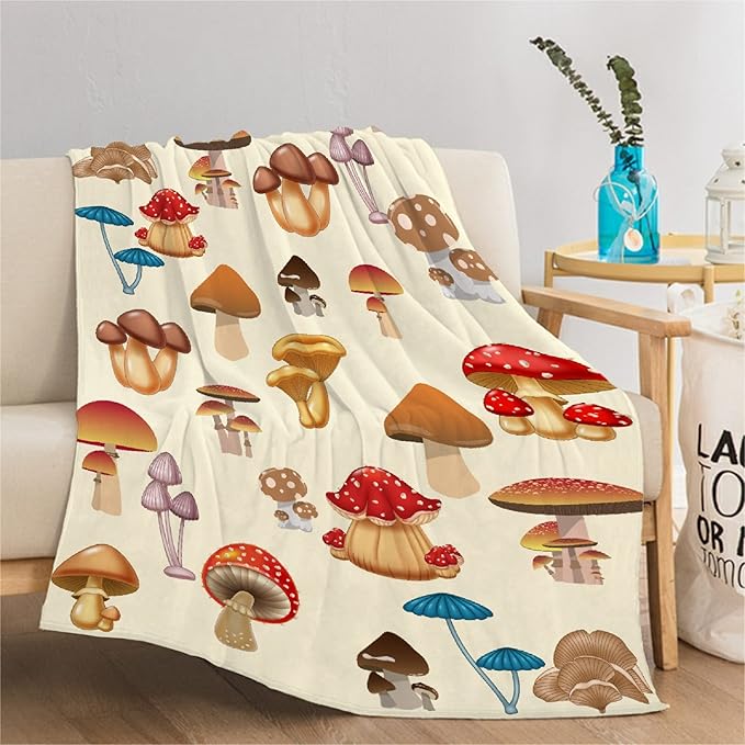 Thuswarm Colorful Wild Mushroom Flannel Blanket for Autumn Winter Gifts Warm Cozy Soft Funny Print Throw for Bed Couch Sofa 120”×90” Extra Large for Family