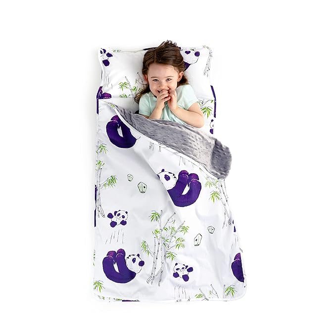 JumpOff Jo Nap Mat for Kids - Cozy Kids Rest Mat with Removable Pillow and Ultra Soft Blanket for Preschool, Daycare, and Sleepovers - Playful Pandas