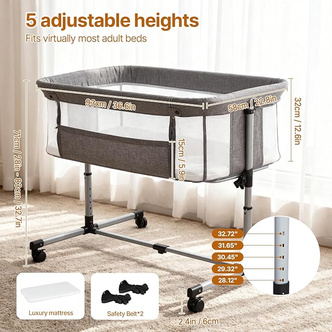 Bassinet Bedside Sleeper with Wheels, 5 Height Adjustable Baby Crib, 2-in-1 Baby Bedside Bassinet, Breathable Full Mesh & Mattress, Stable and Secure Bed for Newborn Infant