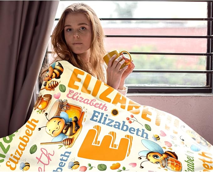 Personalized Custom Honeybee Blanket Gifts for Kids Boys Girls with Name - Customized Honeybee Super Soft Lightweight Flannel Sheets Decor for Crib Nap Couch - 60"x80" for Adult