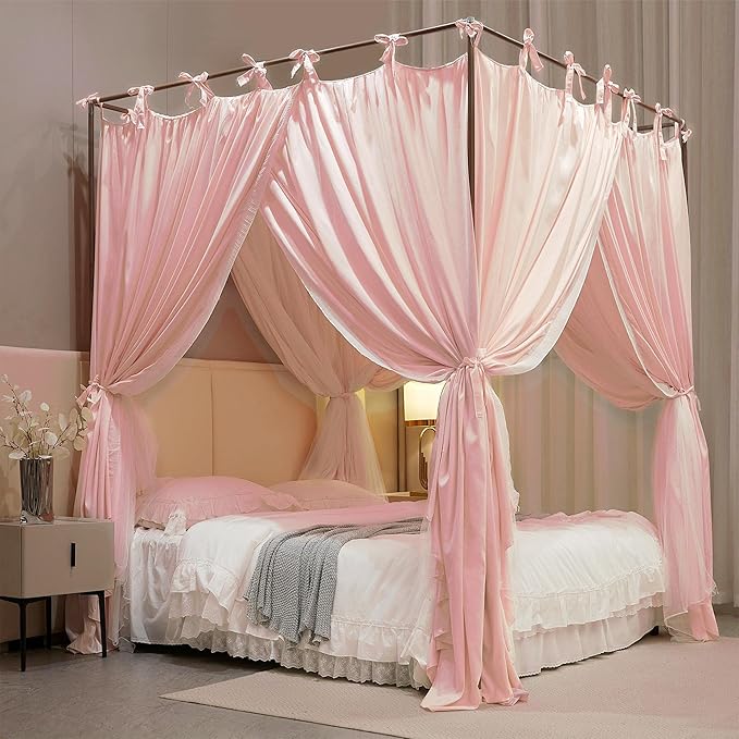 4 Corners Post Princess Curtain Bed Canopy Double Layer Cozy Mosquito Net Mesh and Cloth for Girls Adults Bedroom Decoration (Double-Beigepink/White, 53" W*78" L*82"*H/(Full))