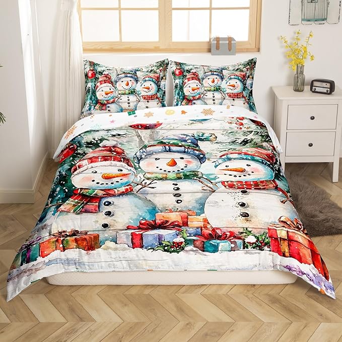 Cartoon Snowman Duvet Cover Set Twin Size,Xmas Tree Winter Snow Merry Christmas Bedding Set,Boys Girls Room Decor,Wooden Plank Rustic Comforter Cover,White Quilt Cover,1 Pillowcase,No Comforter