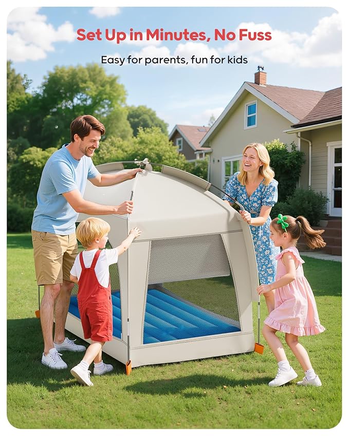 QPAU Inflatable Toddler Travel Bed with Tent – Lightweight Blow Up Kids Air Mattress with Hand Pump – Indoor & Outdoor Portable Sleeping Solution for Camping, Travel, Home, Grandma’s – Ages 3+