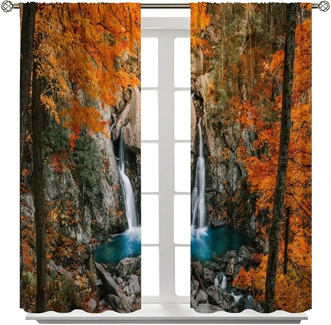 Autumn Waterfall Blackout Windows Curtains, Rustic Farmhouse Fall Forest Landscape Window Drapes, for Living Room Bedroom 55" W X 63" L