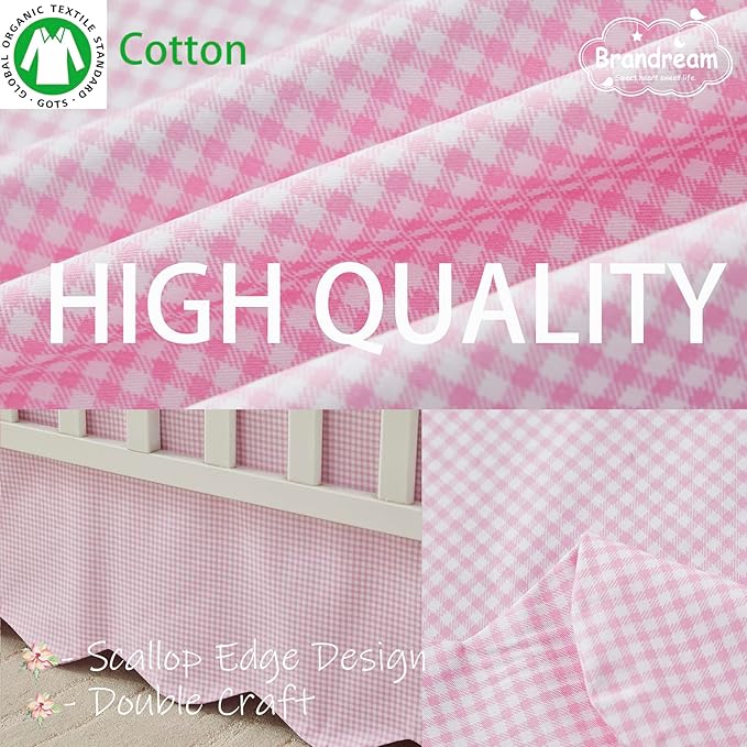 Brandream Scallop Edge Cotton Crib Skirt, Baby Boy Girl Gender Neutral Crib Skirt Toddler Bedskirt Farmhouse Chic Plaid Nursery Crib Bed Skirt, Gingham Check Pink