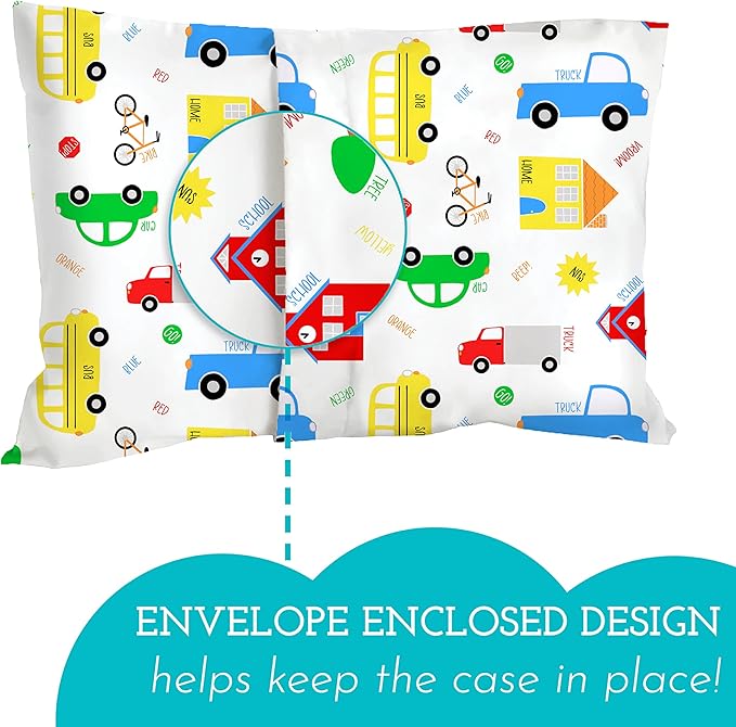 Little Sleepy Head Youth Pillow with Pillowcase 16x22, Soft Jumbo Toddler Pillows, Hypoallergenic Pillow Case - Best Kids Pillows for Sleeping, Perfect Kids Travel Pillows (Trucks 'N Cars)