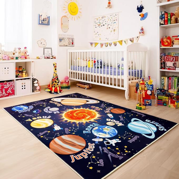 Kids Rugs for Playroom, 3x4 Feet Educational Rug for Learn The ABC Alphabet, Soft Machine Washable Non-Slip Cute Space Galaxy Carpet for Classroom Toddler Nursery Kids Room Decor Mat