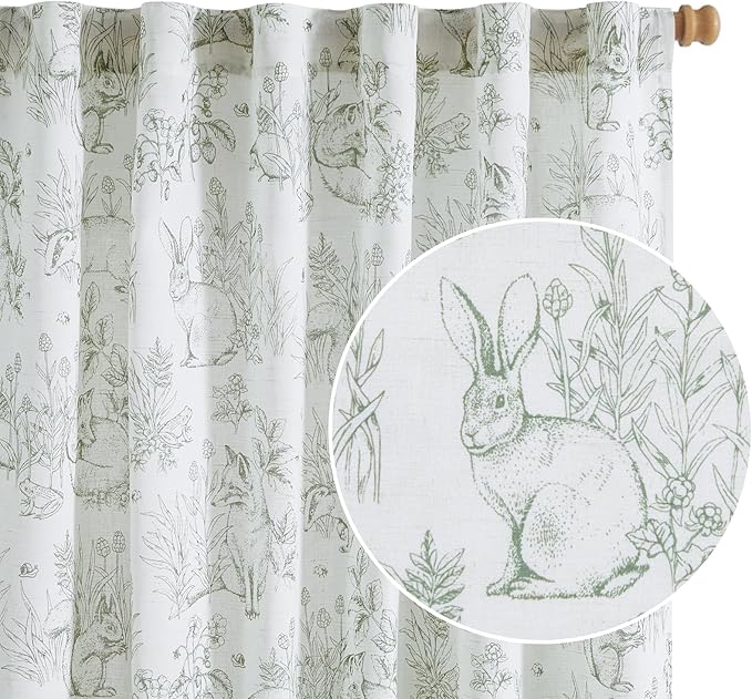 jinchan Linen Nursery Curtains 96 inch Long Woodland Wildlife Sage Green Print Drapes for Kid's Room Light Filtering French Country Farmhouse Curtains with Bunny and Forest Design Set of 2 Panels