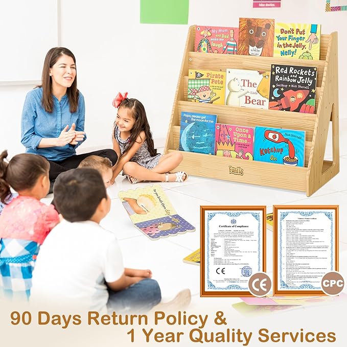 FUNLIO Solid Wood Montessori Classroom Bookshelf, 5 Tier Front-Facing Book Shelf for Kids, Toddler Bookshelf with Handle and Back Storage Space, Bookcase for Nursery/Playroom