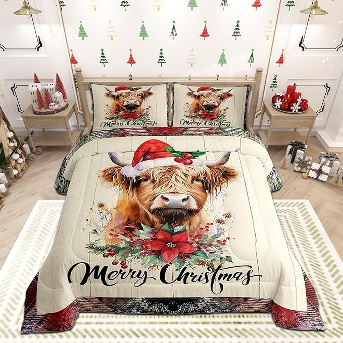 Castle Fairy Highland Cattle Comforter Set Twin Size,Merry Christmas Flowers Pine Trees Bedding Set for Kids Boys Men,Rustic Farmhouse Wooden Grid Plaid Quilted Duvet Set with 1 Pillowcase