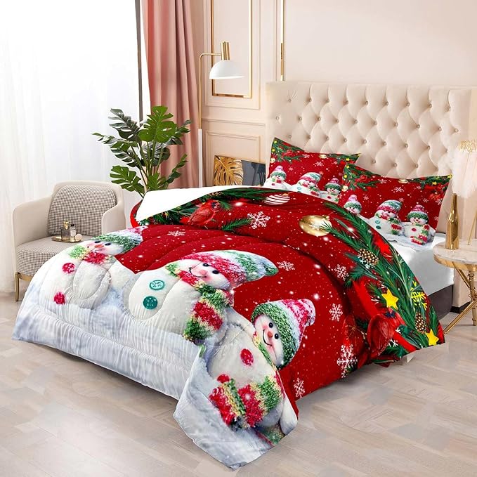 LUVIVIHOME 3PCS Merry Christmas Comforter Set King Size, Funny Cute Snowman Bedding, Cardinal Snowflake Xmas Christmas Bedroom Decor for Kids Girls Boys Teens, Red Quilt, 2 Pillow Cases