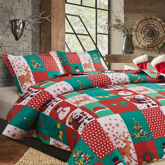 Christmas Bedding Set King Size Christmas Quilt Bedspread Holiday Xmas Bedding Plaid Patchwork Rustic Lodge Cabin Snowman Santa Claus Festival Decor Lightweight Reversible Bedspread Coverlet Red
