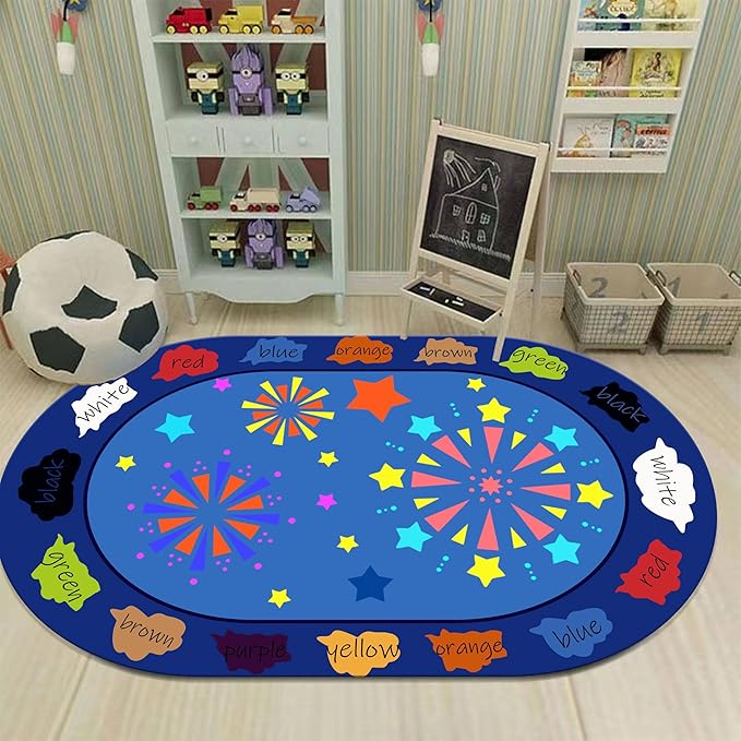 Kids Educational Rug, 5x6ft, Children's Area Rugs for Learning Colors and Shapes, Stars Firework Pattern Oval Rug for Classroom Playroom, Soft Non-Slip Blue Floor Mat for Boys Girls Bedroom