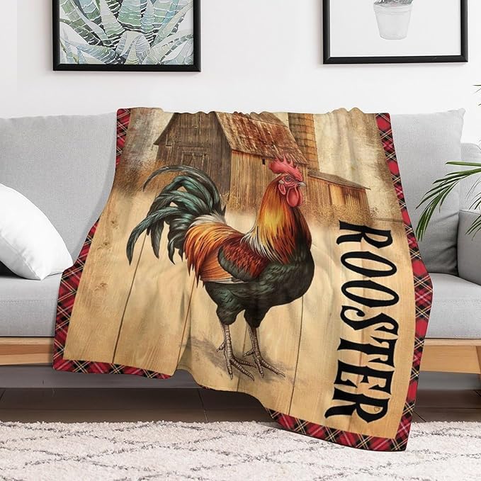Farmhouse Rooster Blanket Chicken Farm Country Animal Barn Print Throw Blankets for Couch Sofa Stuff Decor Soft Cozy Fleece Plush Flannel for Baby Kids Adults Lover Men Women 40"x50"
