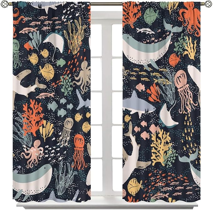 Sea Animals Curtain Cartoon Fish，Undersea Cute Whales Dolphin Underwater Wild Life Blue Ocean Boys Girls Waterproof Polyester Fabric Bedroom Decoration Set 2 Panels,63x63 Inches