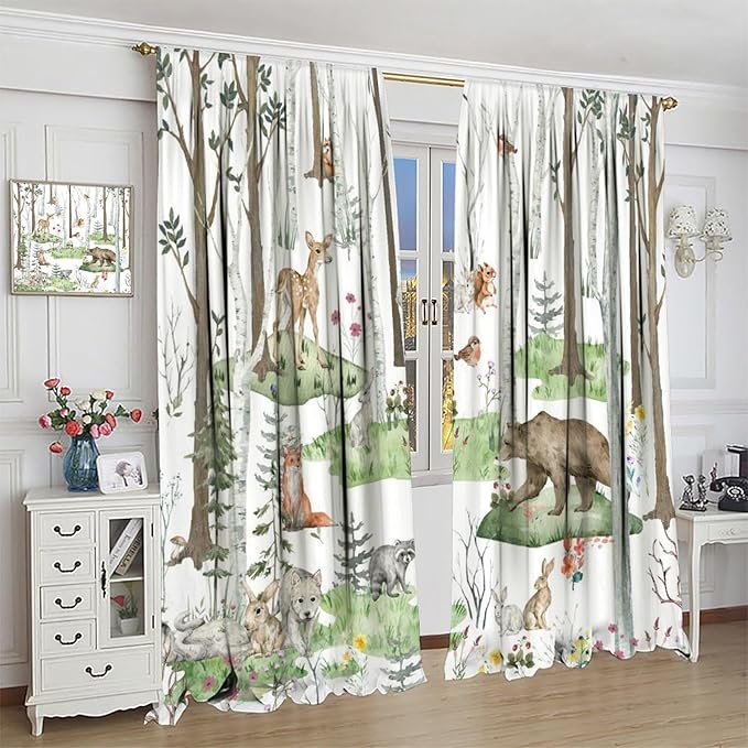YCness Woodland Animals Curtains, Wild Animals Watercolor Forest Bear Deer Fox Rabbit Floral Nature Window Treatments for Bedroom Kitchen Nursery Living Room Drapes, 42x63 Inch