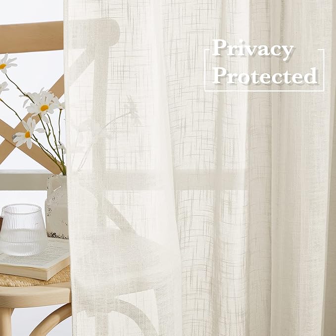RYB HOME Sheer Curtains 96 inches Long, Linen Textured Semi Sheer Farmhouse Curtains Sunlight Filtering Airy Window Treatment for Bedroom Living Room, W 52 x L 96 inch, 2 Panels, Warm Beige