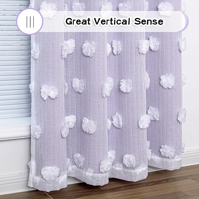 MYSKY HOME Lilac Curtains for Girls Bedroom Kids Curtain White Pom Pom Sheer Window Curtains 2 Panels Grommet Room Darkening Double Layer Nursery Curtains 63 Inches Length, Light Purple, W52 X L63