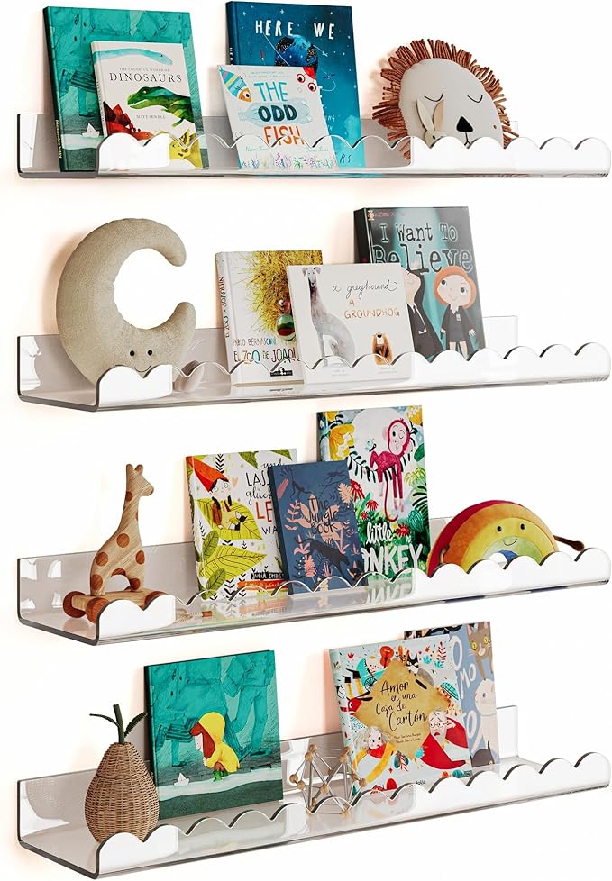 G&W Gruwald 4 Pack Clear 15.7 Inches Acrylic Book Shelf for Kids Room, Floating Kids Book Shelves for Wall, Nursery Book Shelves, Magazine Rack, Picture Ledge (Clear, 15.7)