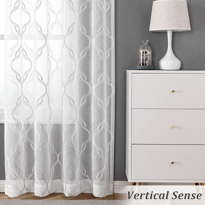 VISIONTEX Sheer Curtains 95 Inches Long 2 Panels Set, Grey and Ivory Moroccan Embroidery Texture Geometric Rod Pocket White Voile Tulle Semi Window Treatment Pair for Bedroom, W54 x L95