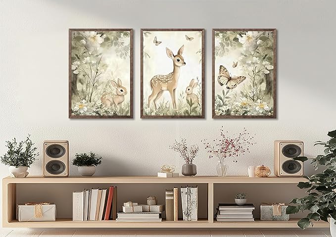 3Pcs Woodland Animal Nursery Canvas Wall Art Cute Forest Animal Wall Decor Pictures Deer and Butterfly Wildflowers Posters Prints for Nursery Bedroom Kids Room Home Decoration Unframed Posters 12X16in