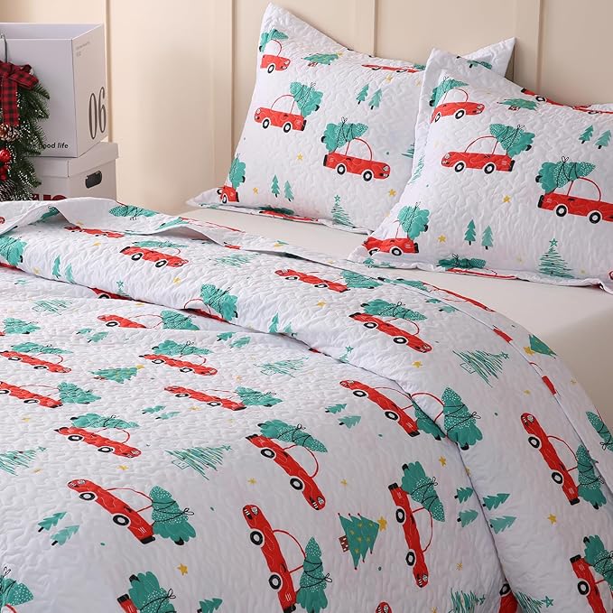 JSD Kids Christmas Quilt Set Twin Size, Red Cars Christmas Bedspreads Coverlet 2 Piece, Soft Microfiber Holiday Quilted Blanket Beddings