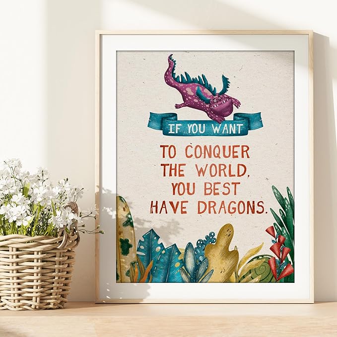 DREAM BIG PRINTABLES - Dragon Art Prints (Set of 4) - Unframed - 8x10s | Wall Art for Home, Office, Kids Room, Living Room, Bedroom, Classroom Decor