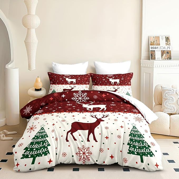Christmas Duvet Cover Queen Size Red Bow Deer Bedding Set 3 Pcs Kids Boys Girls Xmas Christmas Tree Comforter Cover with Zipper Closure