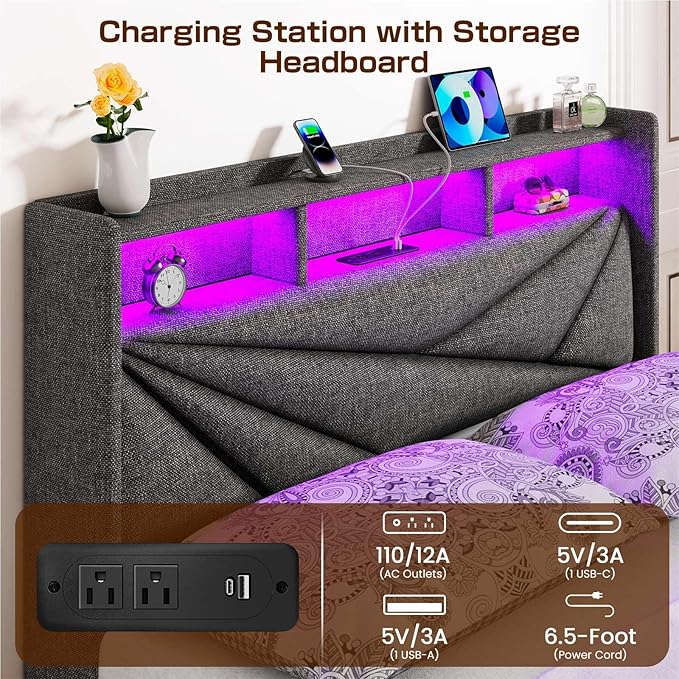 LED Queen Bed Frame with 4 Storage Drawers, Upholstered Bed Frame Queen Size with 2-Tier Headboard and Charging Station, No Box Spring Needed, Easy to Assembly - Dark Grey
