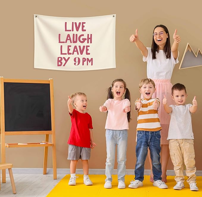 Boho Rectangular Canvas Banner-Flag Wall Sign Art Decor for Teen Friends Neighbor,Home Living Room Restaurant Dorm Playroom Front Door Inside Decor-Birthday Christmas Gift-Live Laugh Leave By 9PM