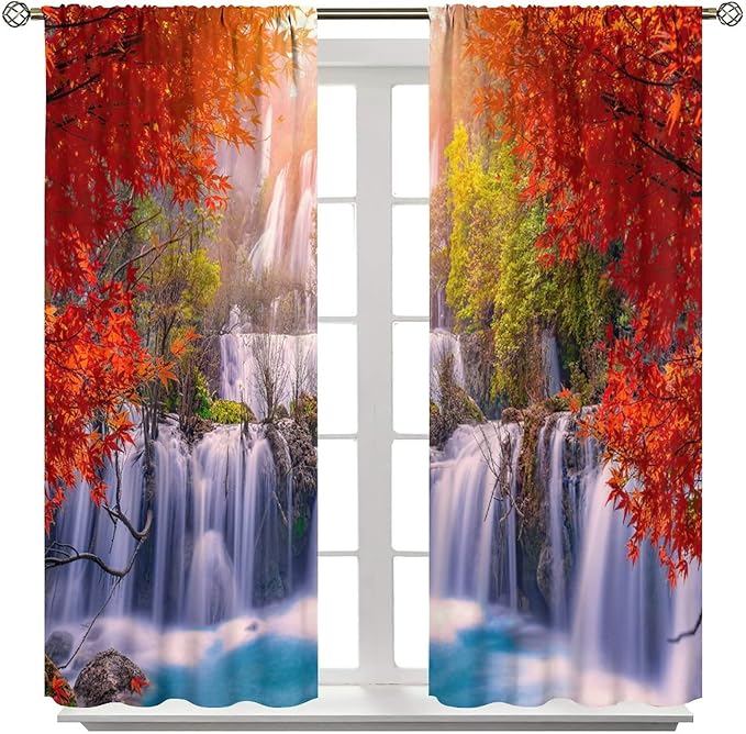 Forest Waterfall Blackout Windows Curtains, Autumn Red Green Maple Leaves Jungle Rainforest Natural Scenery Landscape Curtains, for Living Room Bedroom 63x72in 2 Panels