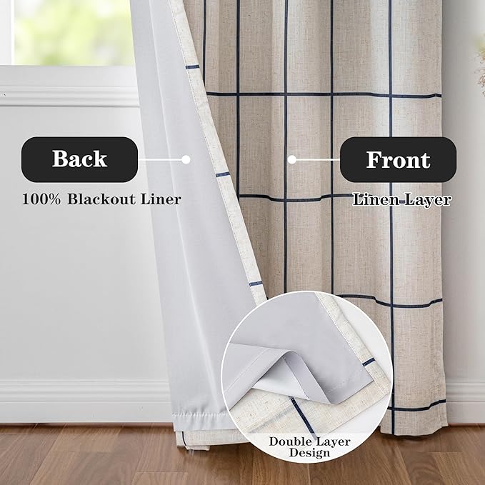 MYSKY HOME 100% Blackout Plaid Linen Curtains 108 Inches Long Double Layer Farmhouse Thermal Insulated Checkered Patterned Drapes Rod Pocket Back Tab for Living Room, 2 Pcs, 52" Wide, Navy Blue
