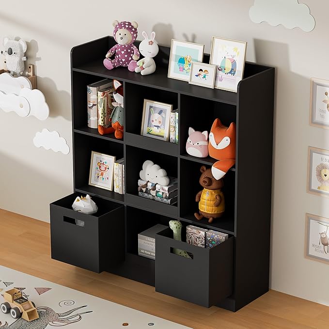 Kids Bookshelf with 9 Cube, Toy Storage Organizer with 2 Fabric Drawers, 3-Tier Freestanding Wooden Open Shelf Bookshelf, Modern Kids Display Bookcase for Bedroom, Living Room, Office, Black