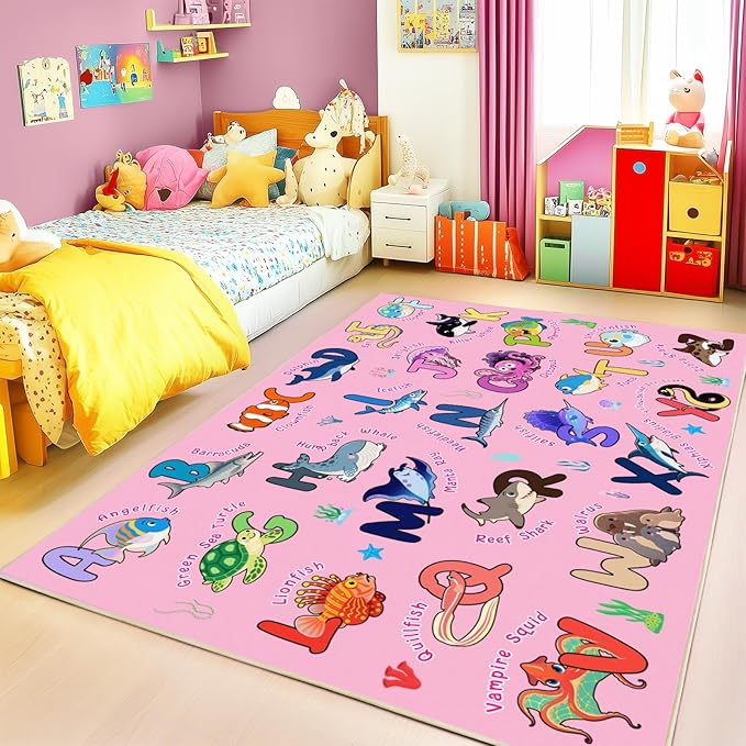 Kids Rug for Playroom, 7x9 Feet Educational Rug for Learn The ABC Alphabet, Soft Machine Washable Non-Slip Cute Marine Organisms Carpet for Classroom Toddler Nursery Kids Room Decor Mat, Pink