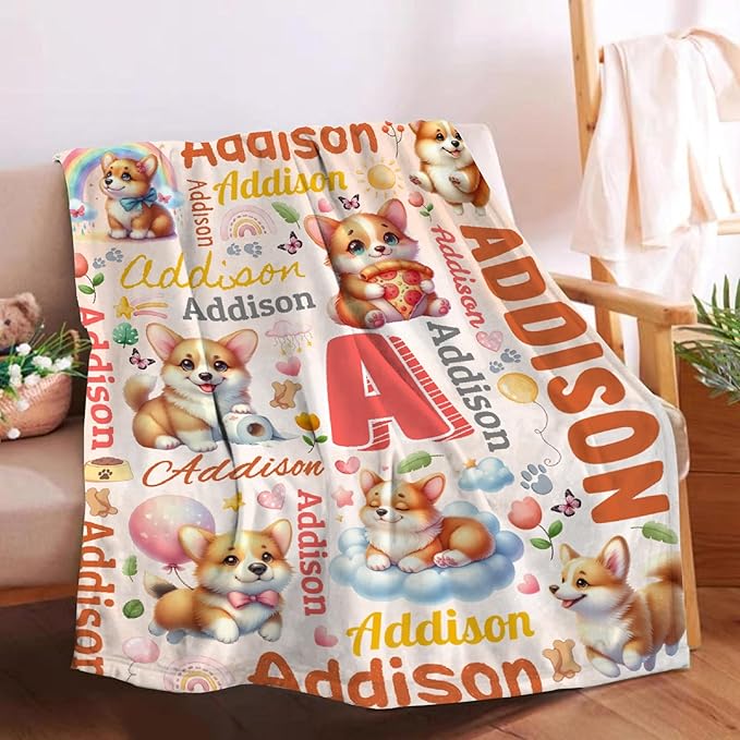 Personalized Custom Corgi Dog Blanket Gifts for Kids Boys Girls with Name - Customized Corgi Dog Super Soft Lightweight Flannel Sheets Decor for Crib Nap Couch - 90"x120" for Whole Family