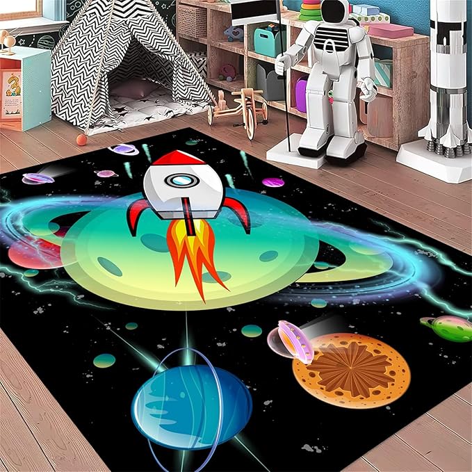 Outer Space Kids Area Rug,4x6ft,Kids Playroom Crawling Mat, Machine Washable, Non-Slip Carpet with Cartoon Planets and Rocket Design, Suitable for Boys' Bedroom, Class, Nursery Decorative Rug